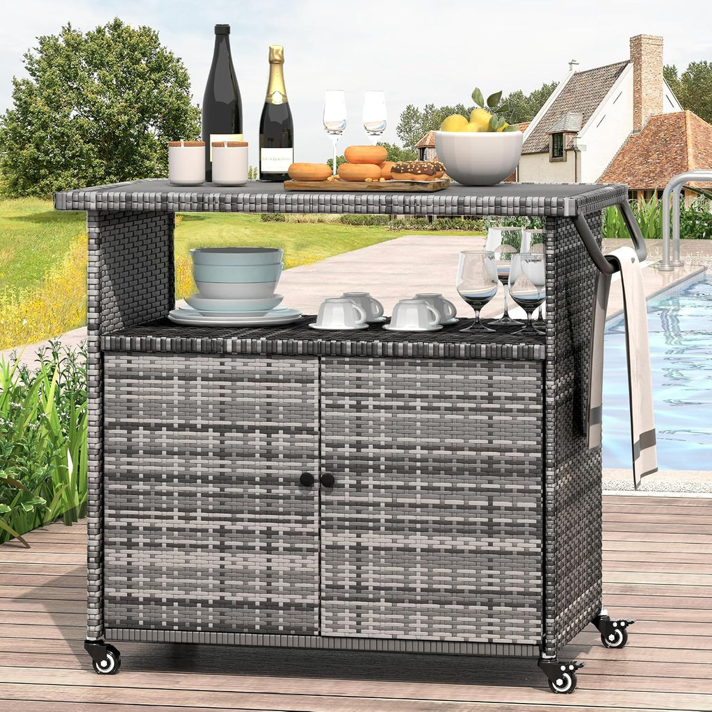 Outdoor Storage Cabinet on Wheels, Outdoor Bar Table with Rounded Handle, Rolling Wicker Storage Cabinet for Backyard,Poolside,Garden, Grey