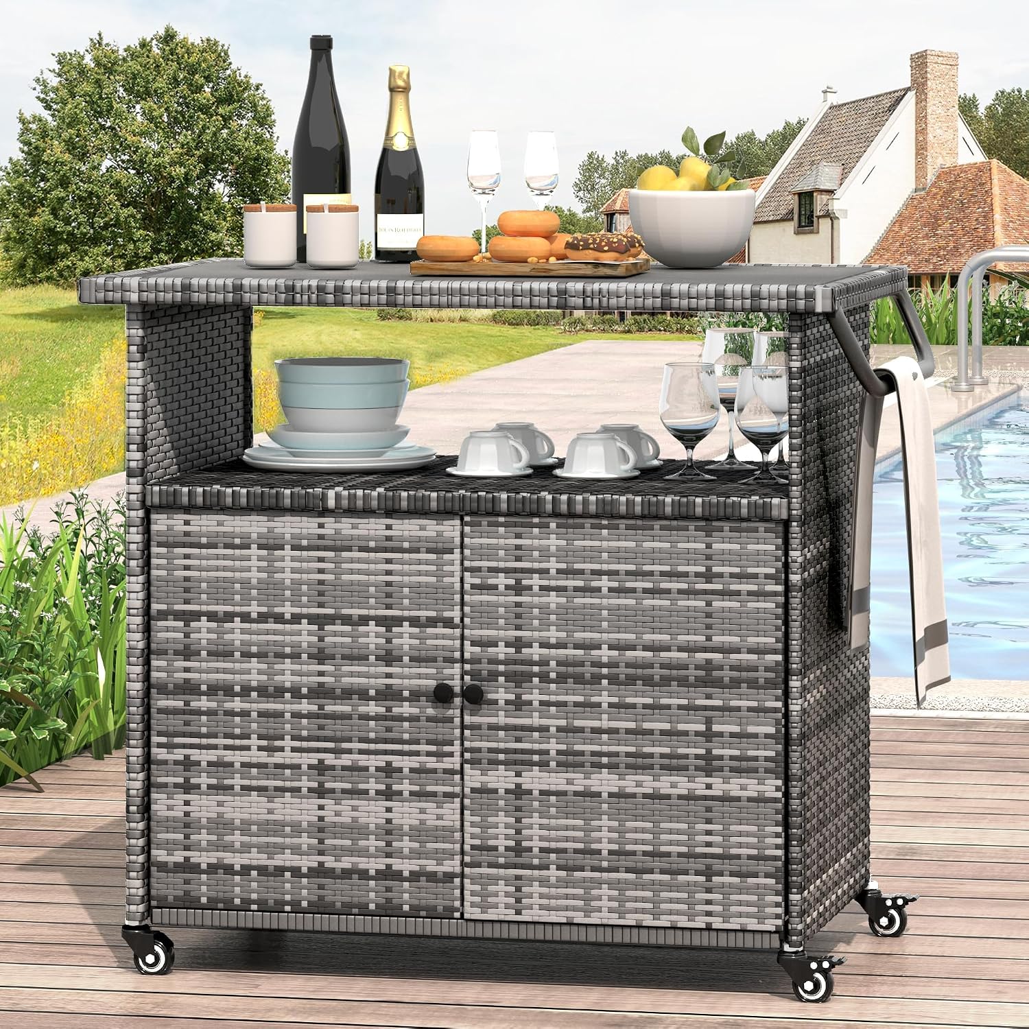 Outdoor Storage Cabinet on Wheels, Outdoor Bar Table with Rounded Handle, Rolling Wicker Storage Cabinet for Backyard,Poolside,Garden, Grey