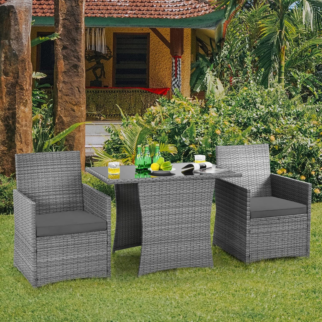 HAPPYGRILL 3 Piece Patio Furniture Set, Outdoor PE Rattan Wicker Bistro Set with Washable Cushions & Tempered Glass Table, for Backyard Porch Garden Balcony Poolside