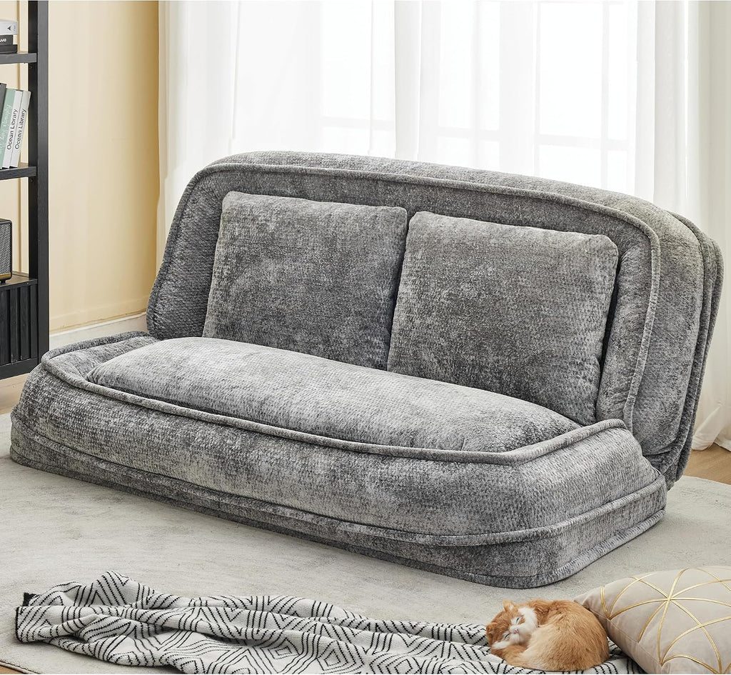 Floor Chair with Back Support, Human Dog Bed, Folding Loveseat with 5 Adjustable Position, 2 Pillows, Chenille Meditation Gaming Chair for Lazy Boys, Living Room, Lounge, Bedroom, Light Grey