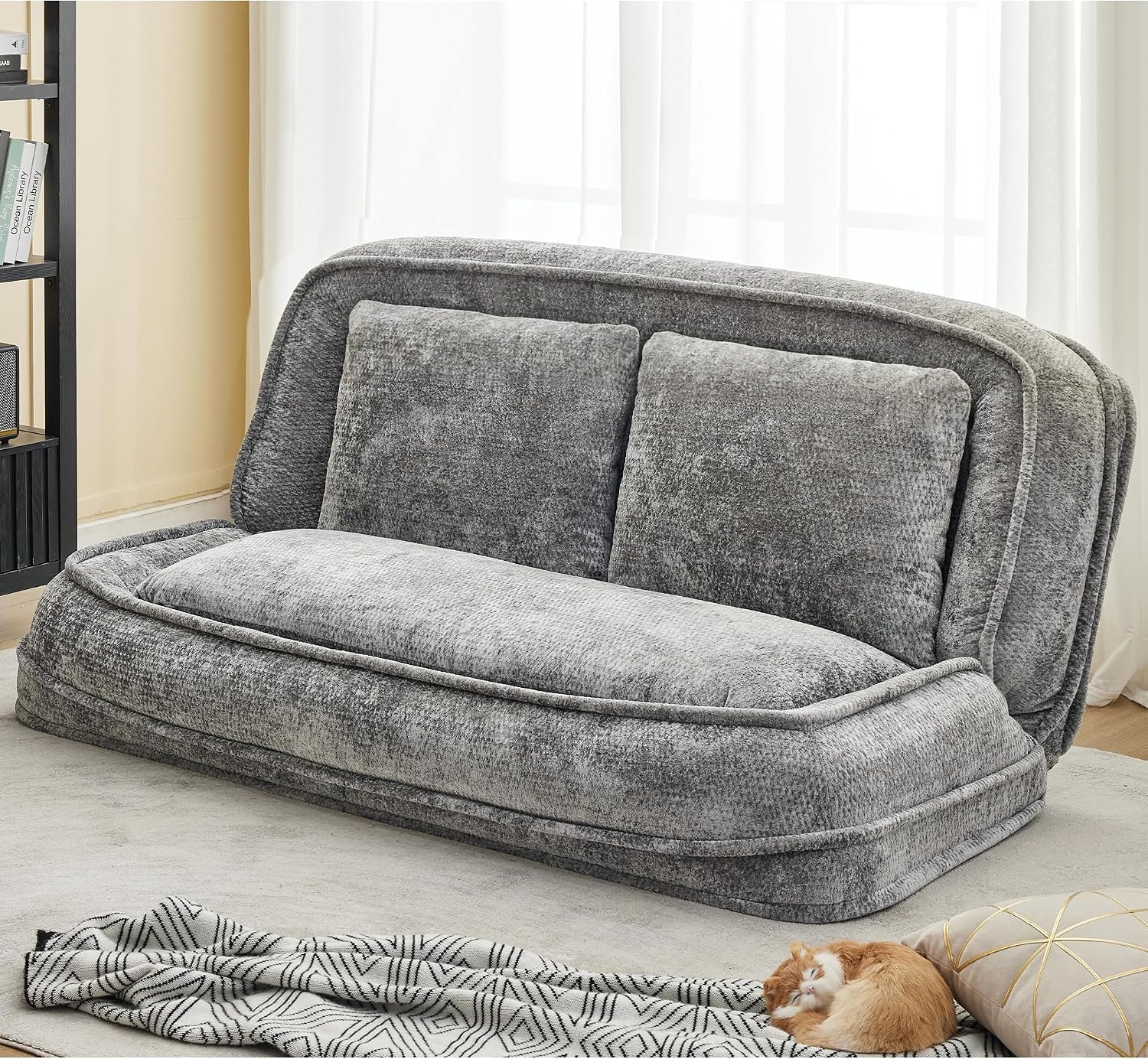 Floor Chair with Back Support, Human Dog Bed, Folding Loveseat with 5 Adjustable Position, 2 Pillows, Chenille Meditation Gaming Chair for Lazy Boys, Living Room, Lounge, Bedroom, Light Grey