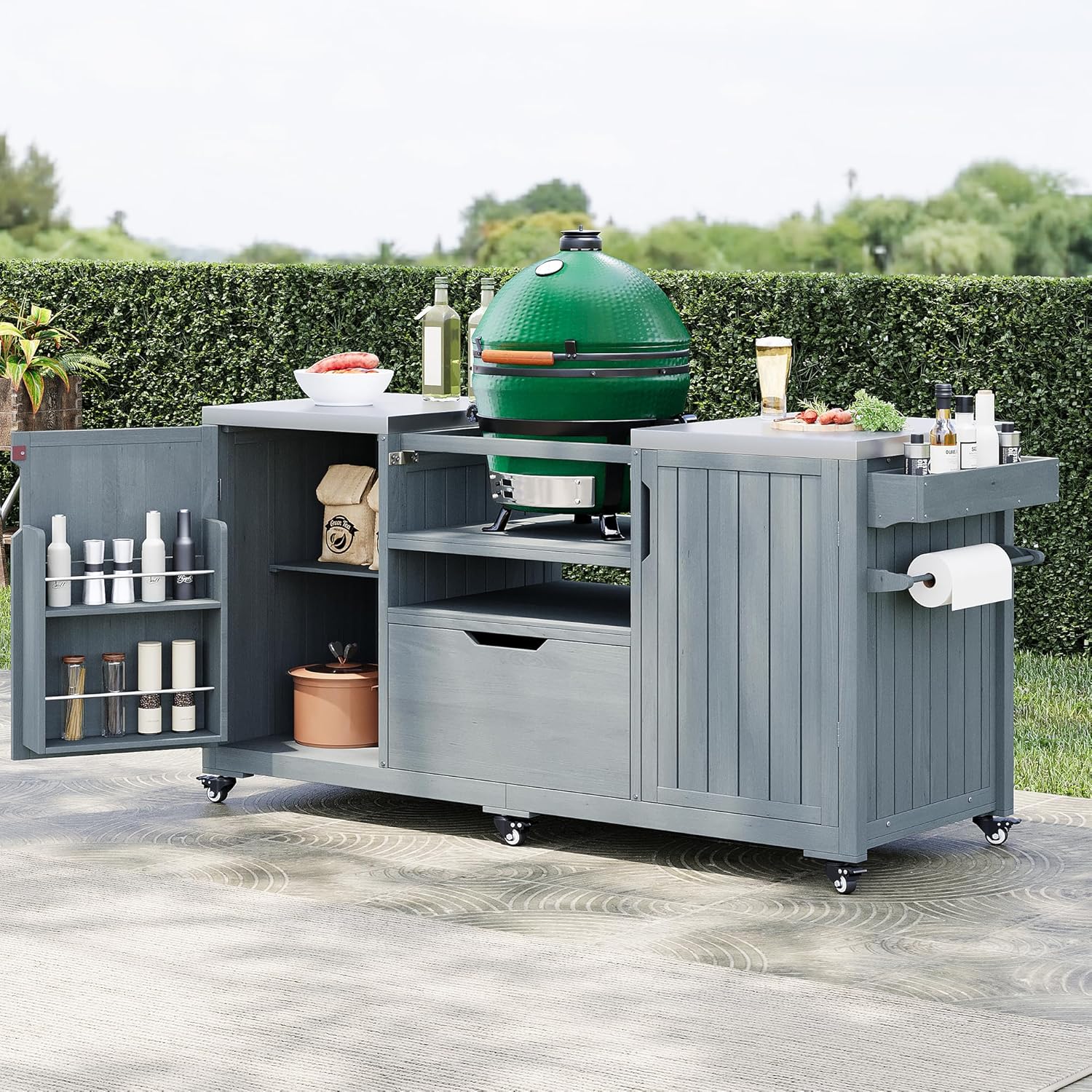 Merax 66.5' Outdoor Kitchen Island for Big Green Egg Grills, Solid Wood Outdoor Grill Cart for Tabletop Grill with Stainless Steel Top, Drawer, Compatible with Kamado Joe,Grey Blue