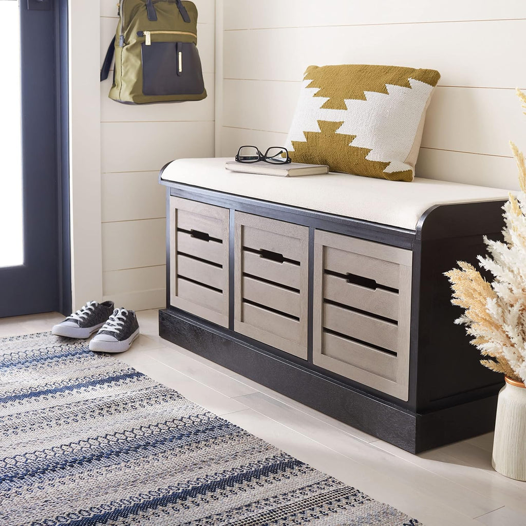 SAFAVIEH Home Collection – Briar 3-Drawer Upholstered Storage Bench, Farmhouse Entryway Accent Bench with Cushion Top, Black Frame & Greige Drawer Fronts (BCH5700E)