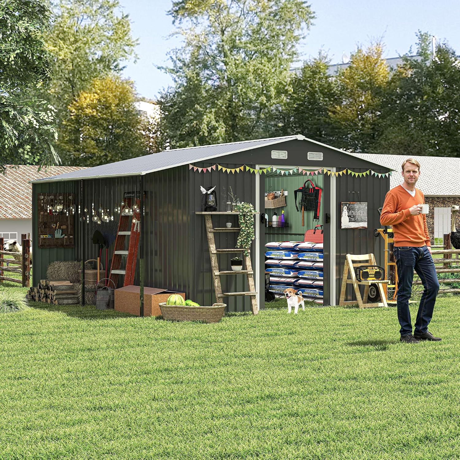 10x12 ft Metal Storage Shed with Open Firewood Bay, Steel Outdoor Storage Shed with Window and Lockable Doors, Extra Large Tool Sheds House with Vents, for Garden, Backyard, Patio, Dark Gray