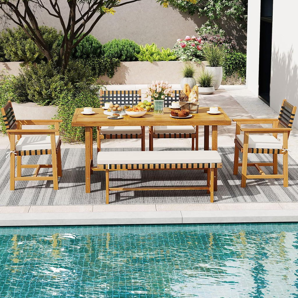 Tangkula 6 Piece Patio Dining Set for 5-6 People, 63' Outdoor Acacia Wood Table with 1.97' Umbrella Hole & Bench & 4 Cushioned Armchairs, for Deck Yard and Poolside