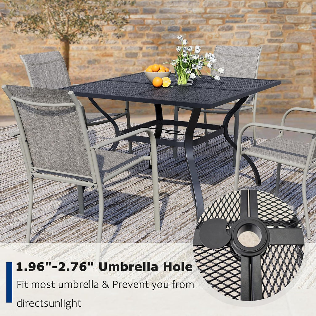 5 Piece Outdoor Dining Set, Patio Table and Chairs Set of 4, 37.5' Black Square Patio Table with 4 Grey Stackable Patio Chairs for Lawn, Garden, Porch