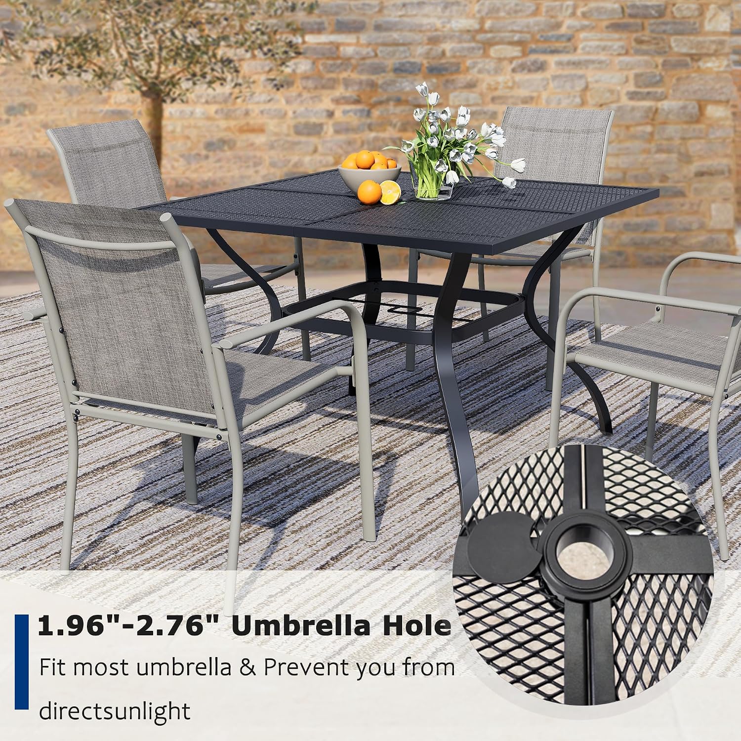 5 Piece Outdoor Dining Set, Patio Table and Chairs Set of 4, 37.5' Black Square Patio Table with 4 Grey Stackable Patio Chairs for Lawn, Garden, Porch