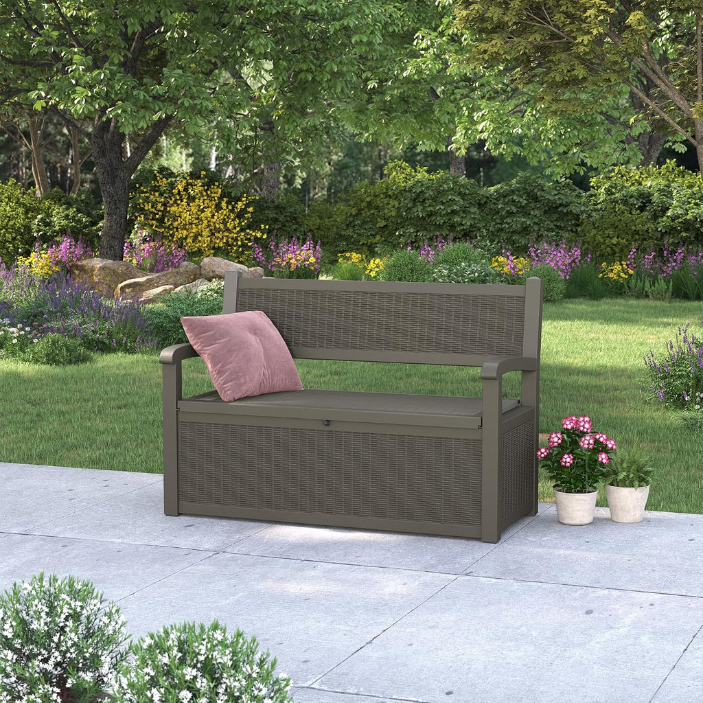 70 Gallon Lockable Outdoor Storage Bench with Armrests | Waterproof Resin Deck Box for Porch, Patio, Pool | Easy to Assemble & Clean - Gray