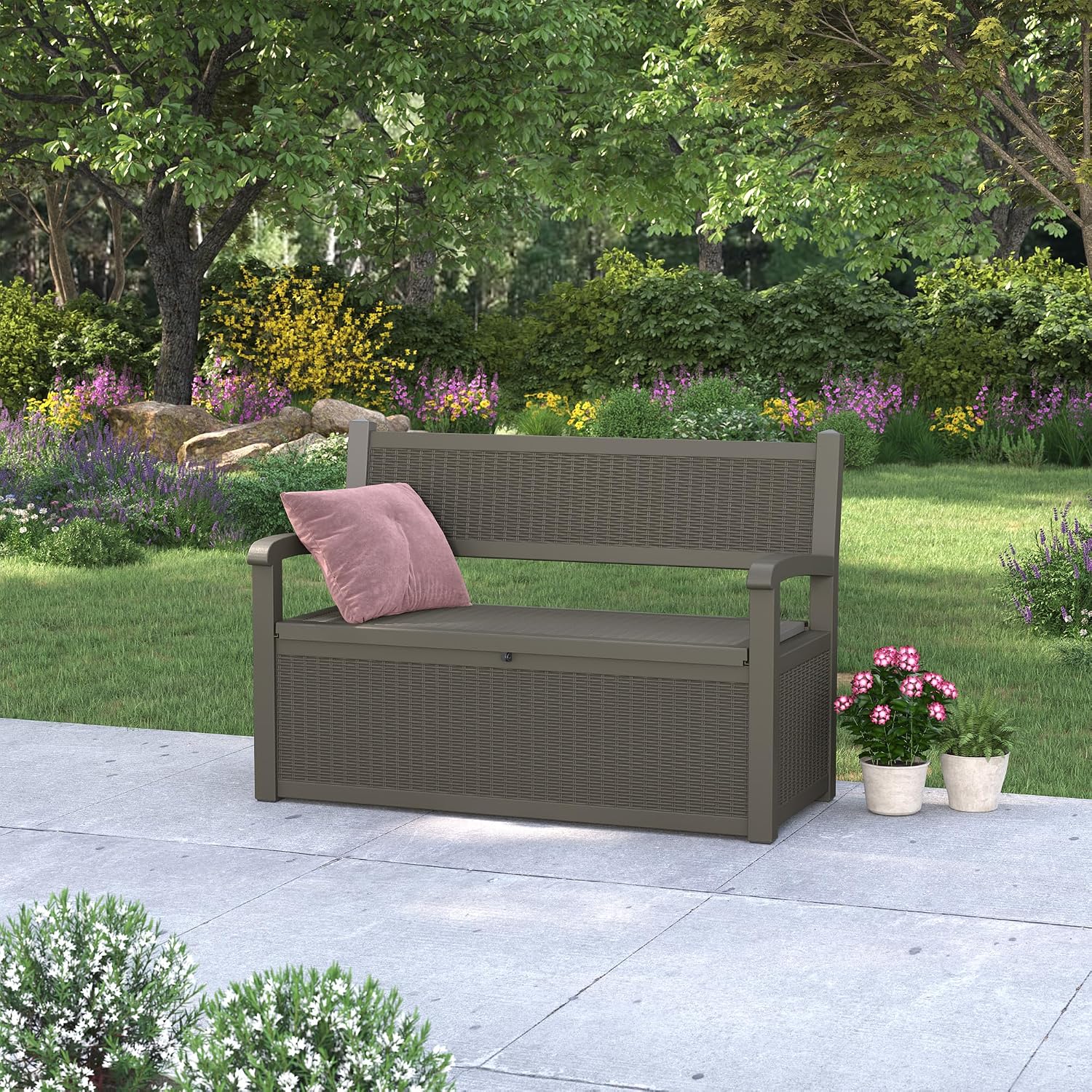 70 Gallon Lockable Outdoor Storage Bench with Armrests | Waterproof Resin Deck Box for Porch, Patio, Pool | Easy to Assemble & Clean - Gray
