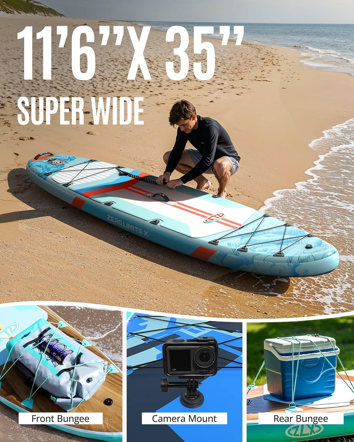 ZLX 11'6'x35' Ultra Wide Inflatable Stand Up Paddle Board | Stable Non-Slip Deck Pad, Unique Fin System, Premium SUP Accessories & Backpack - Upgraded Pump for Adults, All Skill Levels