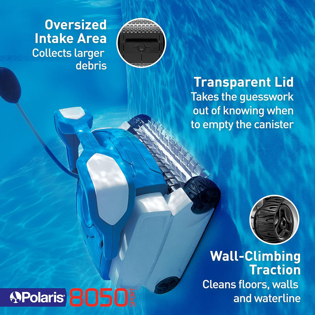 Polaris 8050 Sport Robotic Pool Cleaner, Automatic Vacuum for InGround Pools up to 40ft, Wall Climbing Vac w/Strong Suction & Easy Access Transparent Lid