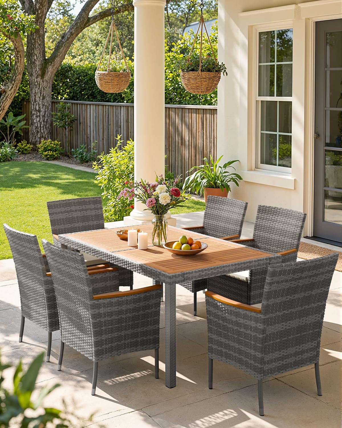 Flamaker 7 Piece Patio Dining Set Outdoor Acacia Wood Table and Chairs with Soft Cushions Wicker Patio Furniture for Deck, Backyard, Garden (Grey)