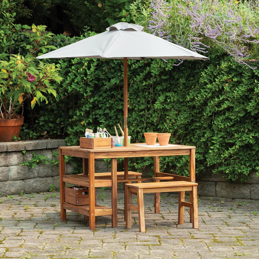 Martha Stewart Kids Outdoor Craft Table, Benches & Umbrella Set: Acacia Wood Activity Desk w/Crate, Caddy, Storage Shelves | Kids Play & Picnic Table w/Benches & Umbrella for Backyard, Patio, Garden