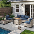 7PCS Outdoor Patio Furniture Set with 55,000 BTU Fire Pit Table, PE Wicker Rattan Sectional Sofa Patio Conversation Set with Thickened Cushions & Coffee Table for Garden, Navy Blue