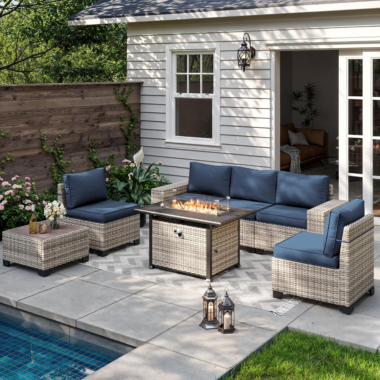 7PCS Outdoor Patio Furniture Set with 55,000 BTU Fire Pit Table, PE Wicker Rattan Sectional Sofa Patio Conversation Set with Thickened Cushions & Coffee Table for Garden, Navy Blue
