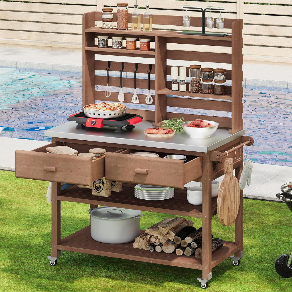 Merax 64.9' H Outdoor Potting Bench Table with Lockable Wheels, Solid Wood Outdoor Kitchen Island with Upper Hutch, Stainless Steel Top, Towel Rack, Outdoor Storage for Grilling, Lawn Garden, Brown