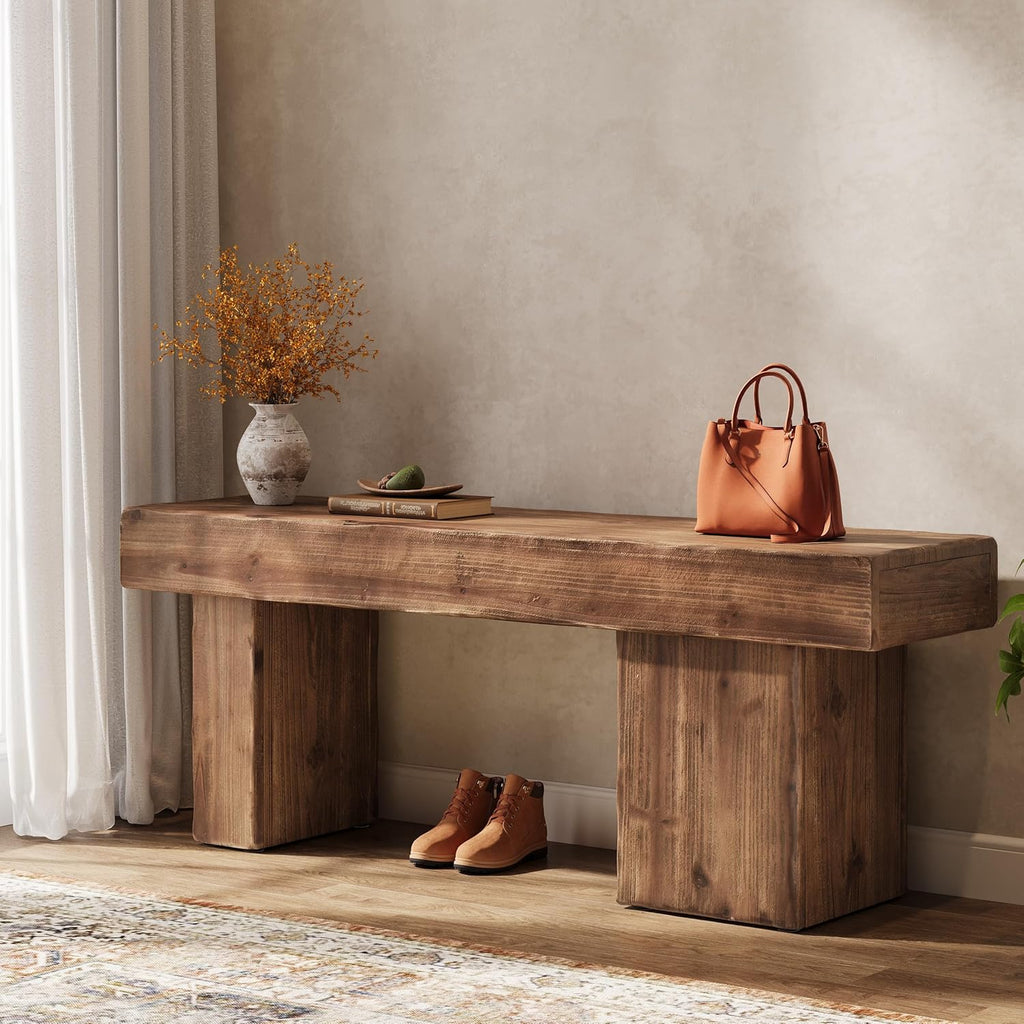 Solid Wood Bench, 47' Farmhouse Entryway Bench with Thickened Seat & Artistic Legs, Heavy Duty Indoor Bench for Bedroom, Hallway, Living Room, Indoor, Porch, Natural
