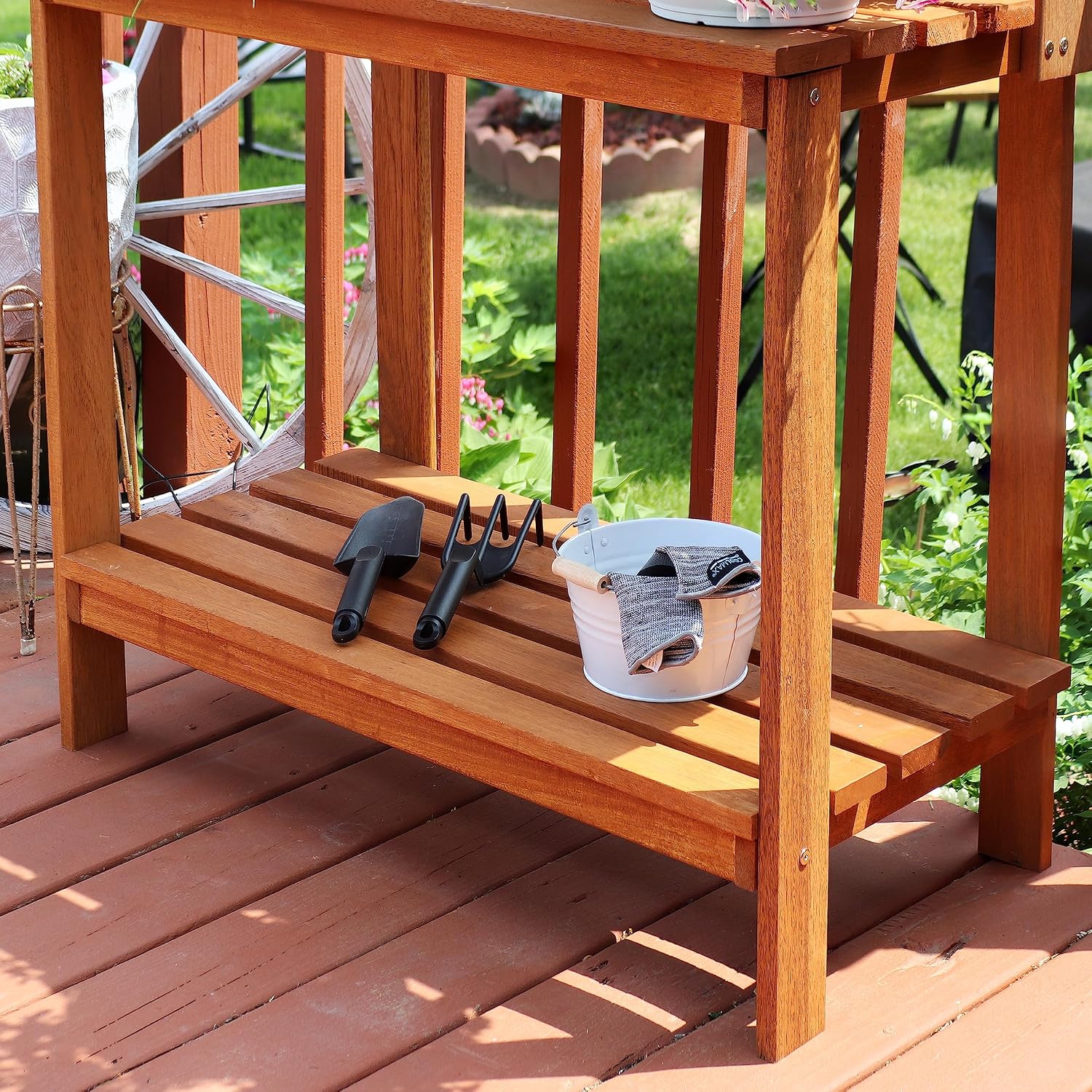 Sunnydaze 42-Inch Meranti Wood Outdoor Potting Bench with Storage Shelf - Teak Oil Finish