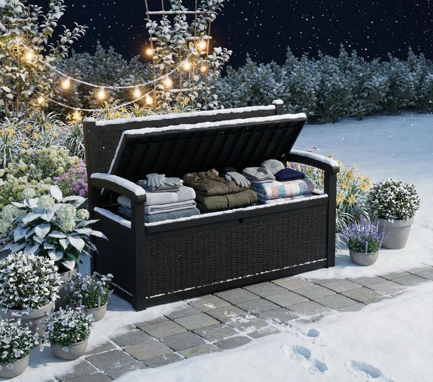 80 Gallon Outdoor Storage Bench, Waterproof Patio Deck Box with Lockable Lid for Garden & Porch, All-Weather Resin Furniture for Cushions, Tools, Pool Accessories