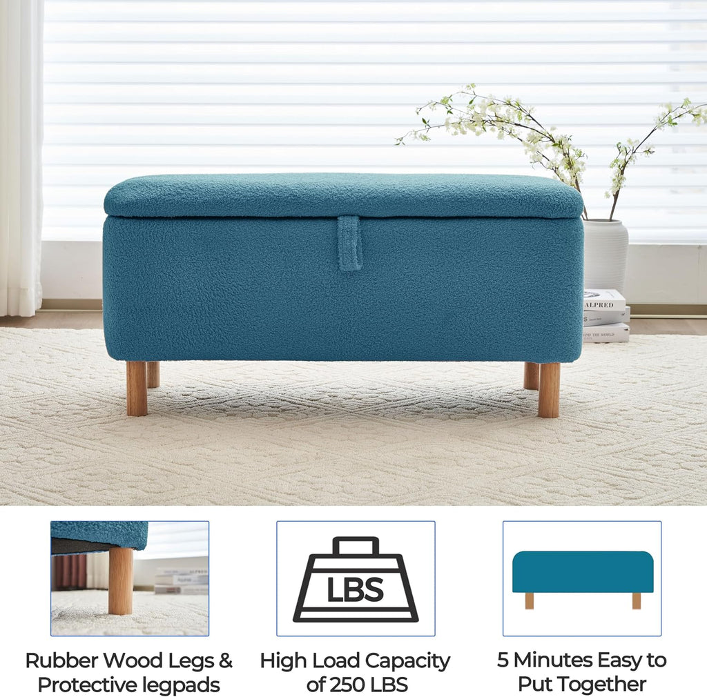 Boucle Storage Ottoman Bench for Bedroom end of Bed, Sherpa Upholstered Shoe Seat Storage Bench for Entryway Bed Foot, Rectangle Cushion Padded Blanket Chest Cute for Living Room, Light Blue