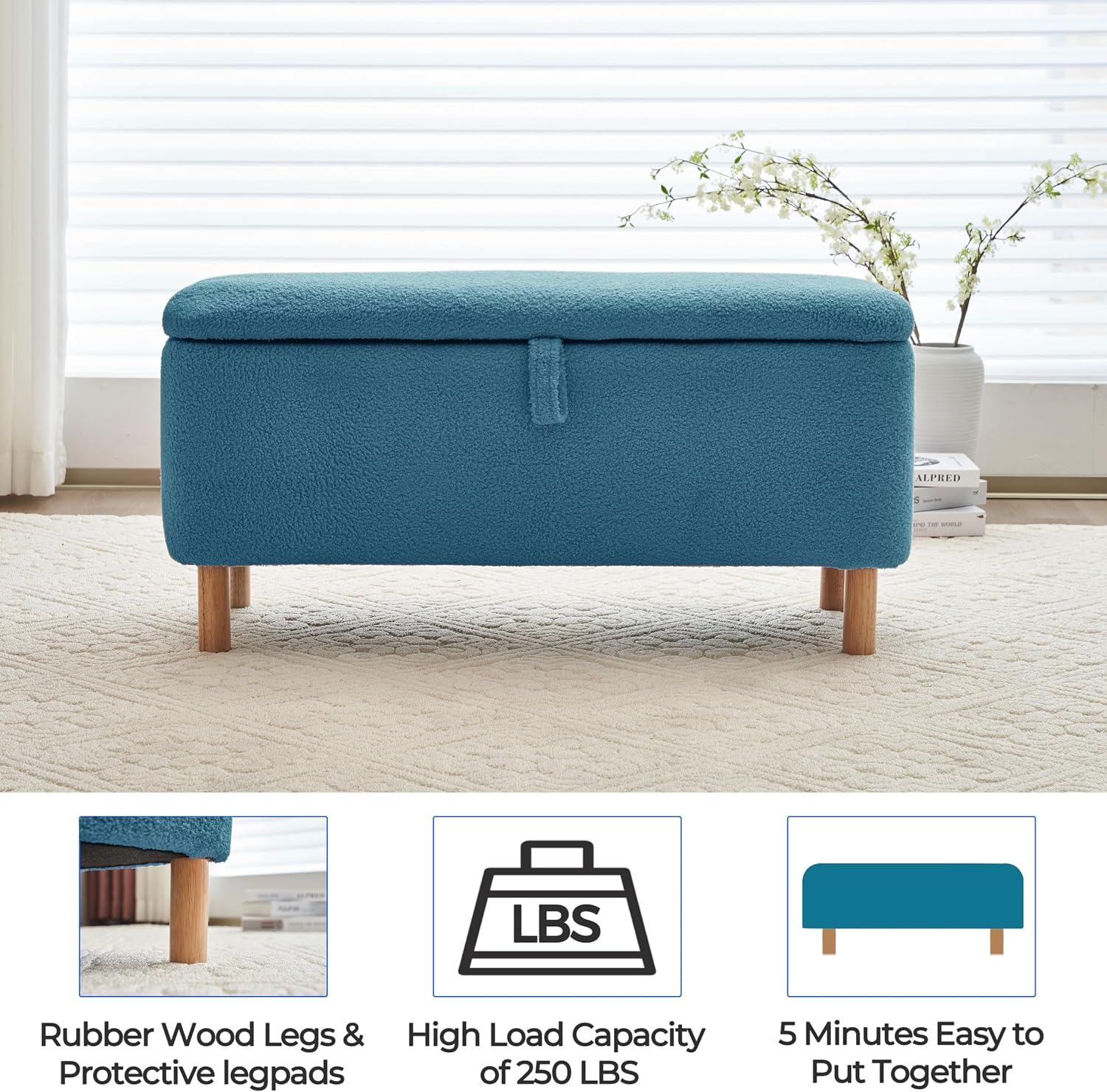 Boucle Storage Ottoman Bench for Bedroom end of Bed, Sherpa Upholstered Shoe Seat Storage Bench for Entryway Bed Foot, Rectangle Cushion Padded Blanket Chest Cute for Living Room, Light Blue