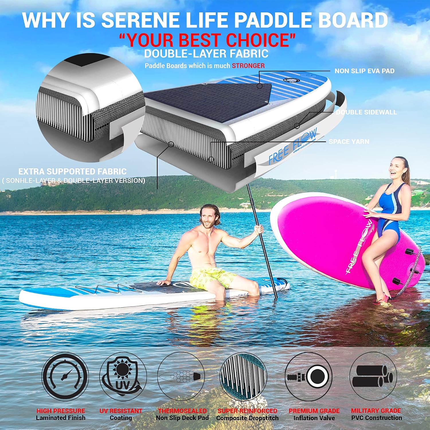 SereneLife 10' Inflatable Stand Up Paddle Board 2-Pack with Premium SUP Accessories – 32' Wide Stable Design with Non-Slip EVA Deck Pad for Youth and Adults, 350 lbs. Capacity Each