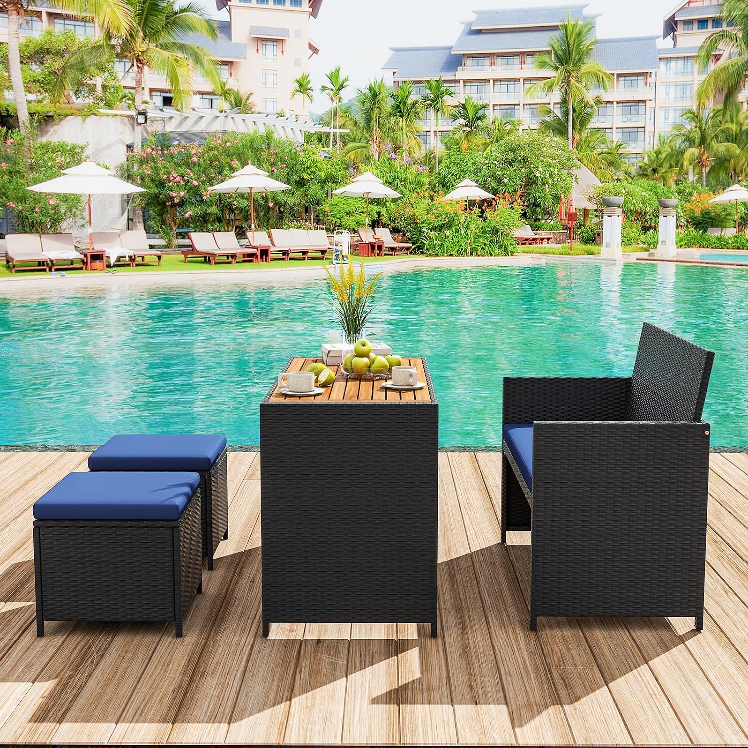 Tangkula 4 Pieces Patio Dining Set, Space Saving PE Rattan Loveseat with Acacia Wood Top Dining Table, Storage Ottomans & Soft Cushions, Outdoor Sectional Conversation Set (Navy Blue)