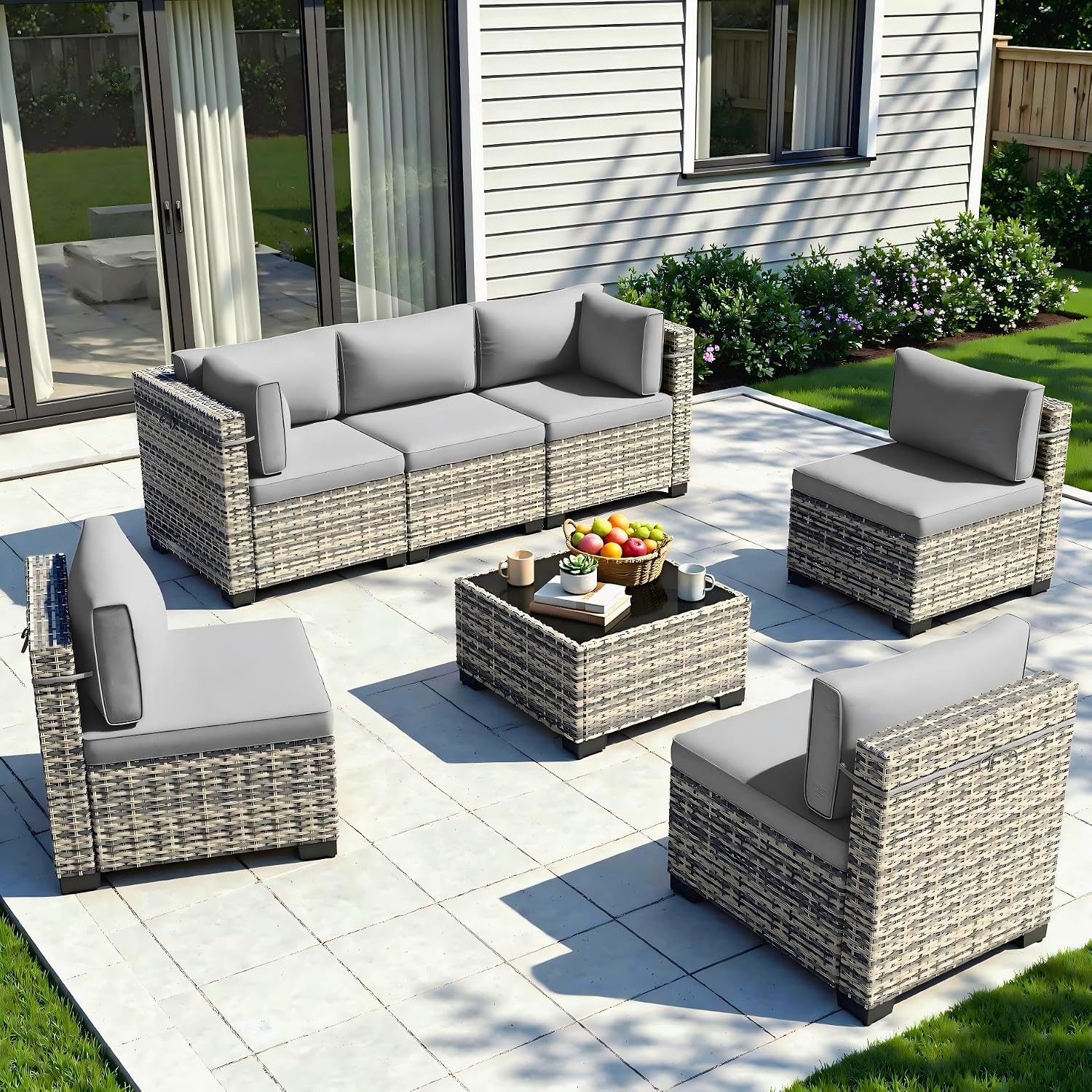 7-Piece Patio Furniture Set, Outdoor Sectional with Thick Cushions, Modular Patio Sofa, Dual-Strand Wicker Rattan, Rust-Resistant Frame, Backyard Furniture for Garden, Deck, Grey