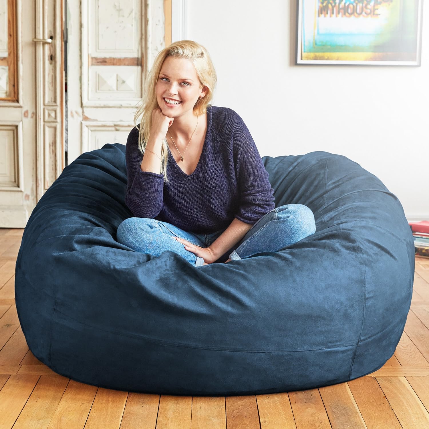 Lumaland Luxurious 4ft Bean Bag Chair with Microsuede Cover - Ultra Soft, Foam Filling, Washable Medium Bean Bag Sofa for Kids, Teenagers, Adults, Pets - Sack Chair for Dorm, Kid's Room - Navy Blue