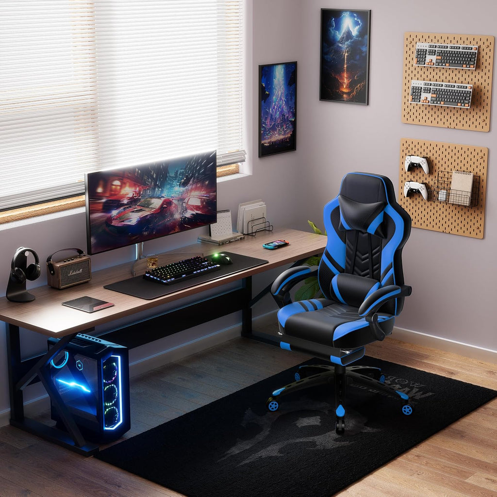 POWERSTONE Gaming Chair Video Game Chair with Footrest and Lumbar Support Racing Style PU Leather Computer Chair Ergonomic Adjustable Swivel Task Chair Blue