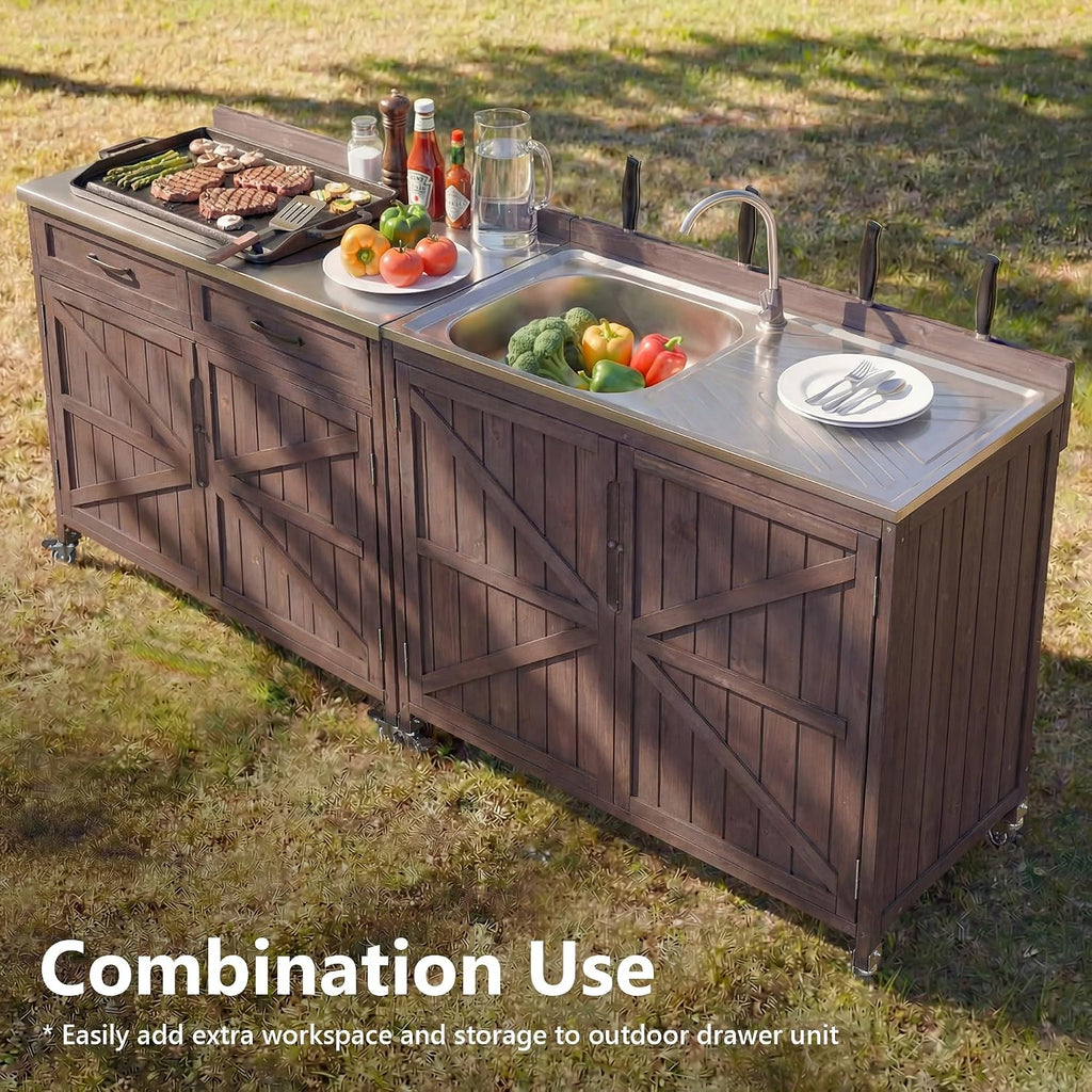 LUMISOL Outdoor Kitchen Island with Stainless Steel Top, Farmhouse Outdoor Grill Table with Sink, Hose Hook Up & Faucet, 39.4' Rolling Kitchen Cart with Back Splash & 4 Wheel, Dark Brown