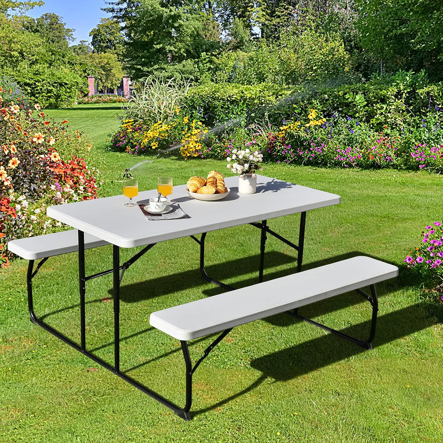 Giantex Folding Picnic Table Bench Set, Outdoor Dining Table Set, Large Camping Table for Patio Deck Lawn Garden Backyard Poolside, Portable Picnic Tables, Weather Resistant Metal Frame, White