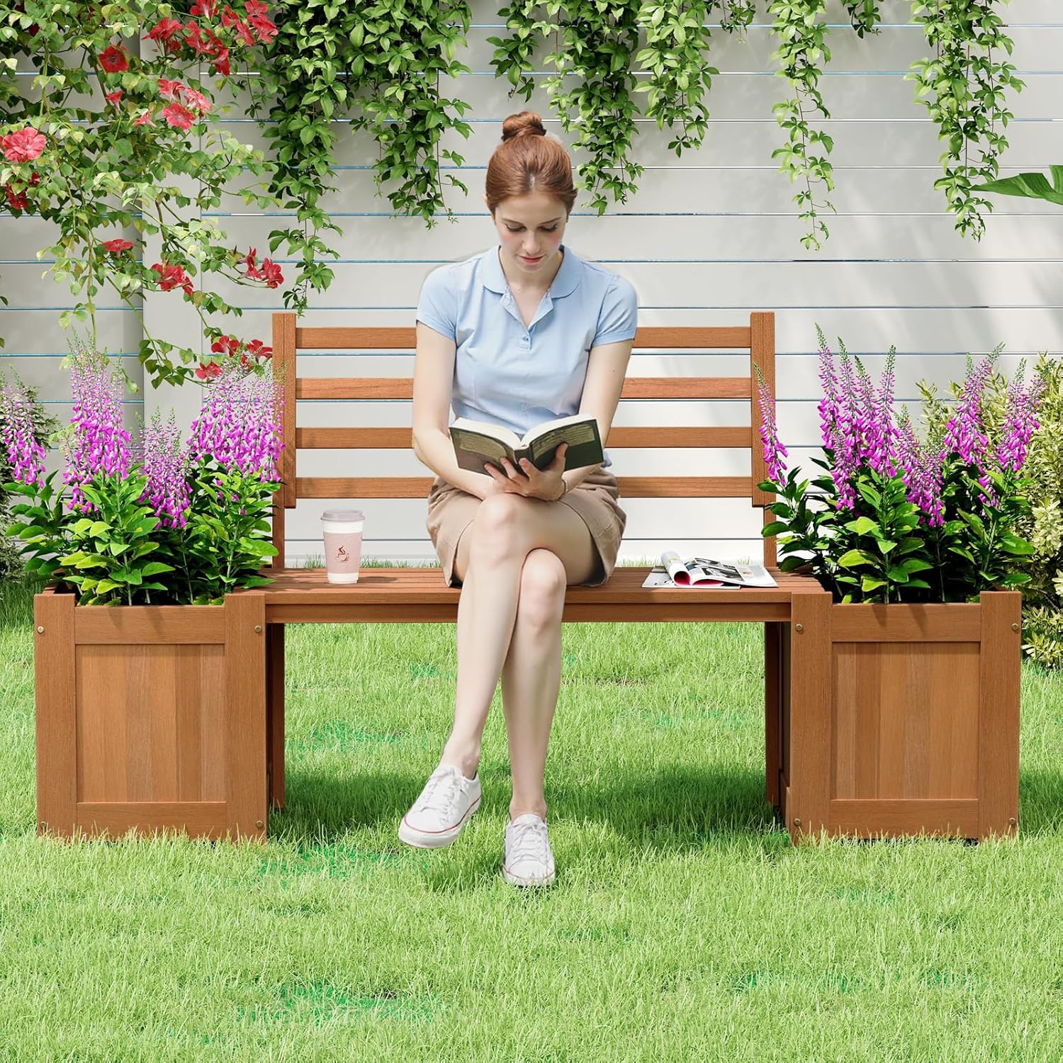 Giantex 2-in-1 Outdoor Bench with Backrest & 2 Raised Garden Beds, Wood with Teak Oil Finish, Planter Boxes with Open-Ended Base, Garden Bench Seat for Porch Balcony Lawn Yard, DIY Assembly