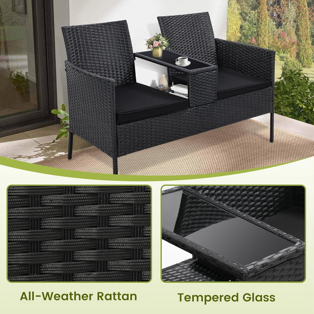 Kromax Wicker 2 Seat Patio Loveseat, Outdoor Rattan Loveseat with Table, Washable Cushion Covers, Backyard, Garden, Lawn, Black Rattan with Black Cushion