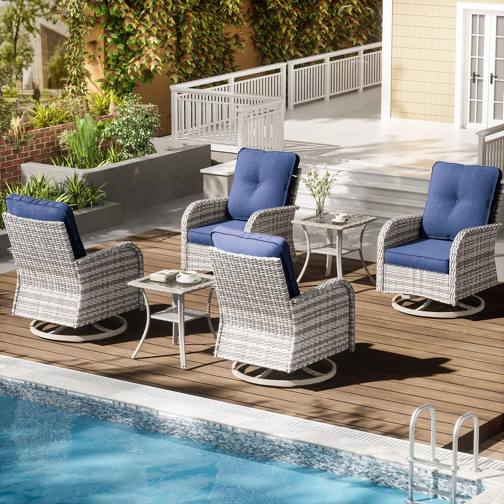 6-Piece Patio Rocking Swivel Chair Outdoor Wicker Rattan Bistro Set with Tempered Glass Side Table, Outdoor Patio Furniture Set for Garden, Deck, and Balcony, Blue