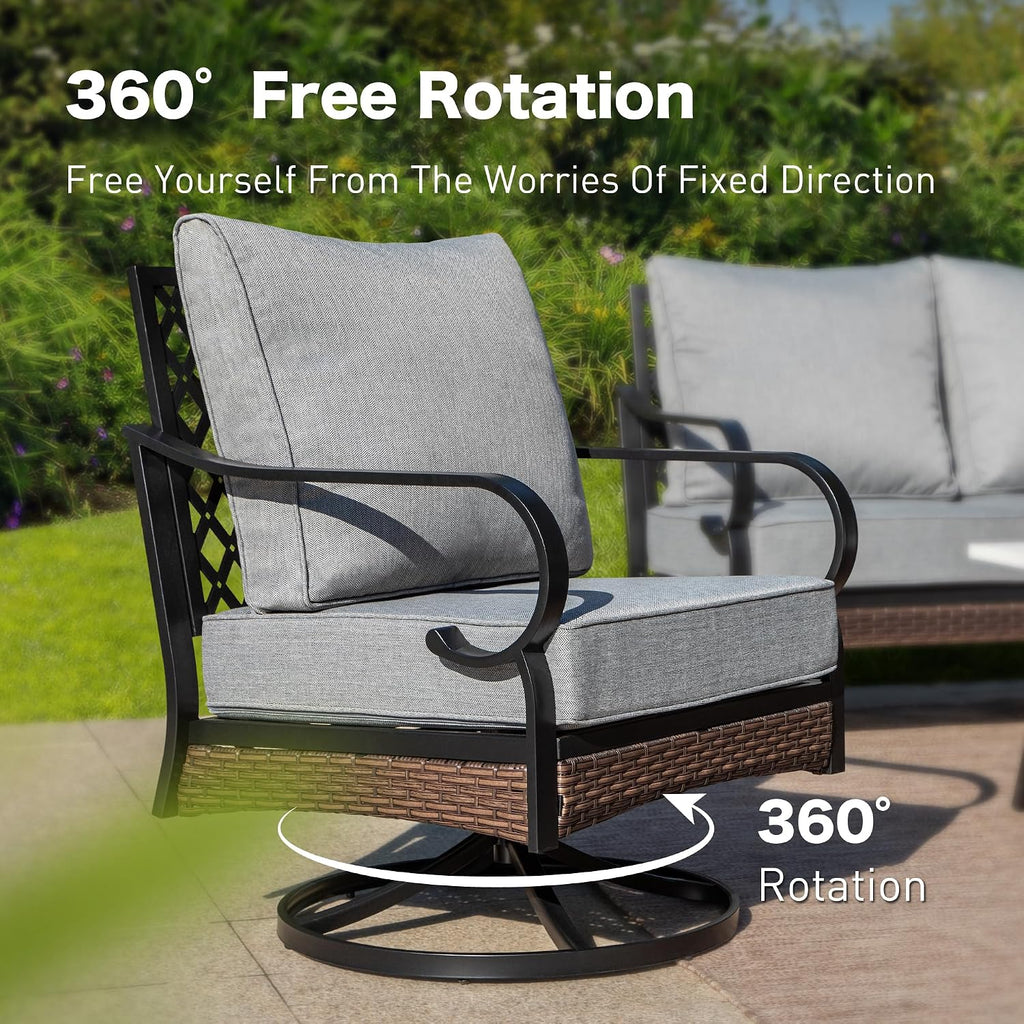 SUNSHINE VALLEY 4 Piece Black Metal Outdoor Patio Furniture Sets with Firepit Table, Patio Conversation Sets 1 3-Seater Sofa, 2 Swivel Sofa with 5.75' Thick Cushion Backyard Furniture for Deck, Gray