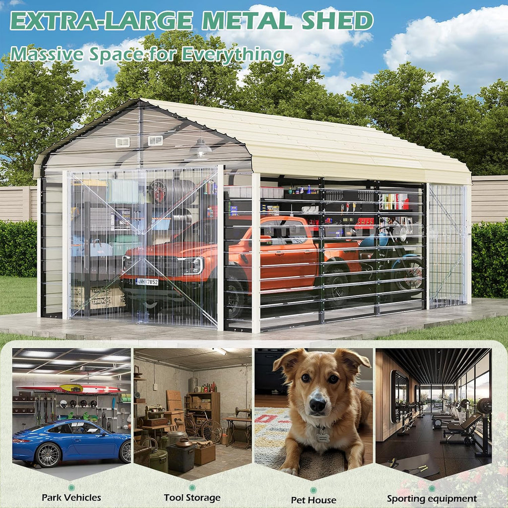 EROMMY 12x20 FT Heavy Duty Carport - Galvanized Steel Frame Car Shelter with Reinforced Base, Enclosed Storage Shed for Cars & Trucks, Beige