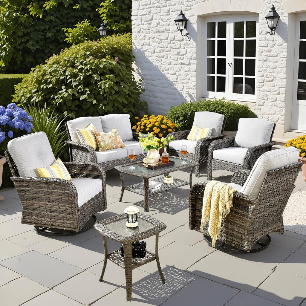7 PCS Patio Outdoor Furniture Set with Swivel Rocking Chairs,All Weather Wicker Rattan Patio Seating Sofa and Chairs Set,Outdoor Conversaiton Sets for Deck Yard Prrch Garden Poolside,Grey