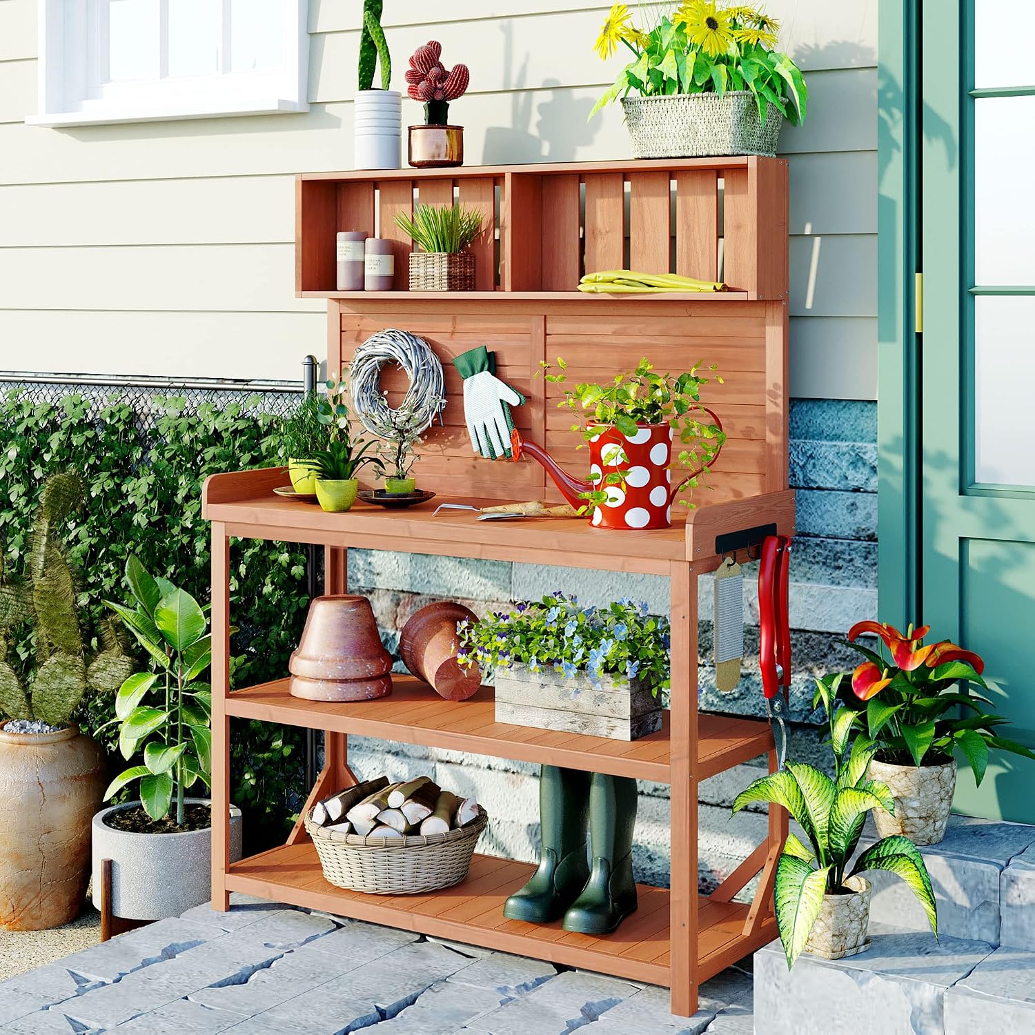 Harper & Bright Designs 65' Large Wooden Farmhouse Rustic Outdoor Potting Bench Table with 4 Storage Shelves and Side Hook, Patio Workstation, for Garden, Backyard, Natural
