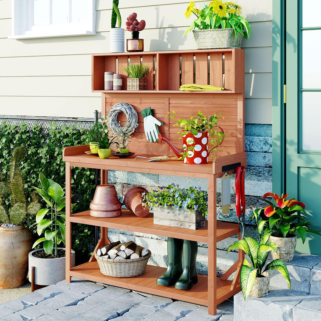 Potting Bench Table with 4 Storage Shelves and Side Hook, Polibi 65' Large Wooden Farmhouse Rustic Outdoor Patio Workstation, Garden Potting Bench with Splash Plate