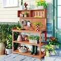 Potting Bench Table with 4 Storage Shelves and Side Hook, Polibi 65' Large Wooden Farmhouse Rustic Outdoor Patio Workstation, Garden Potting Bench with Splash Plate