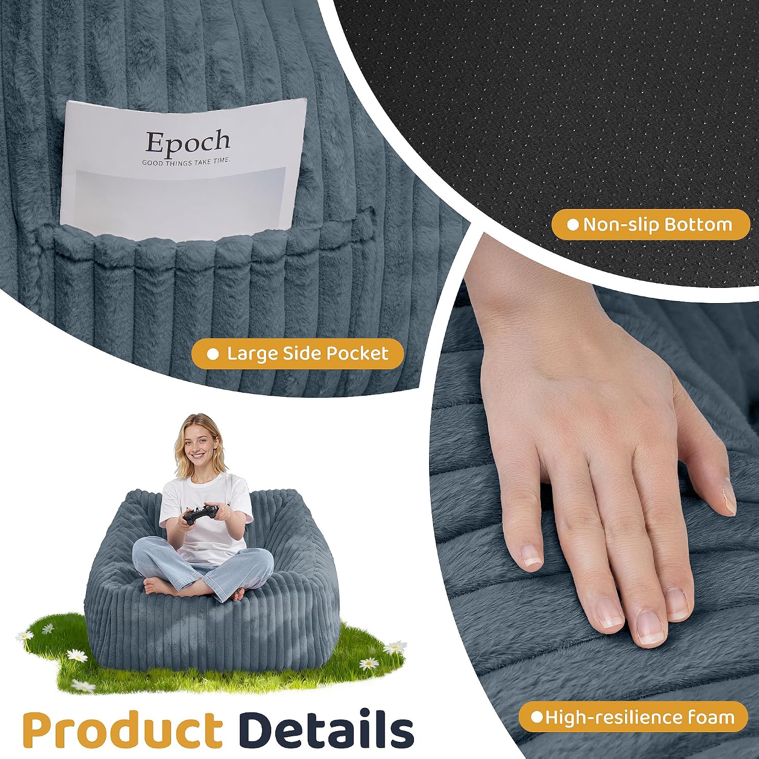 HABUTWAY Bean Bag Chair, Giant Bean Bag Chairs for Adults and Kids, Bean Bag Sofa, Lazy Floor Sofa, Faux Fur Beanbag Chair with Armrests for Living Room Bedroom (Dark Grey)