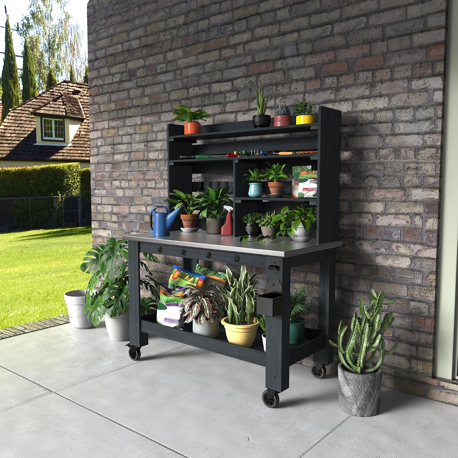 GDLF Potting Bench Table Large Outdoor Kitchen Island Prep Station with Stainless Steel Top Waterproof Cover, Hardwood, 66.9' H