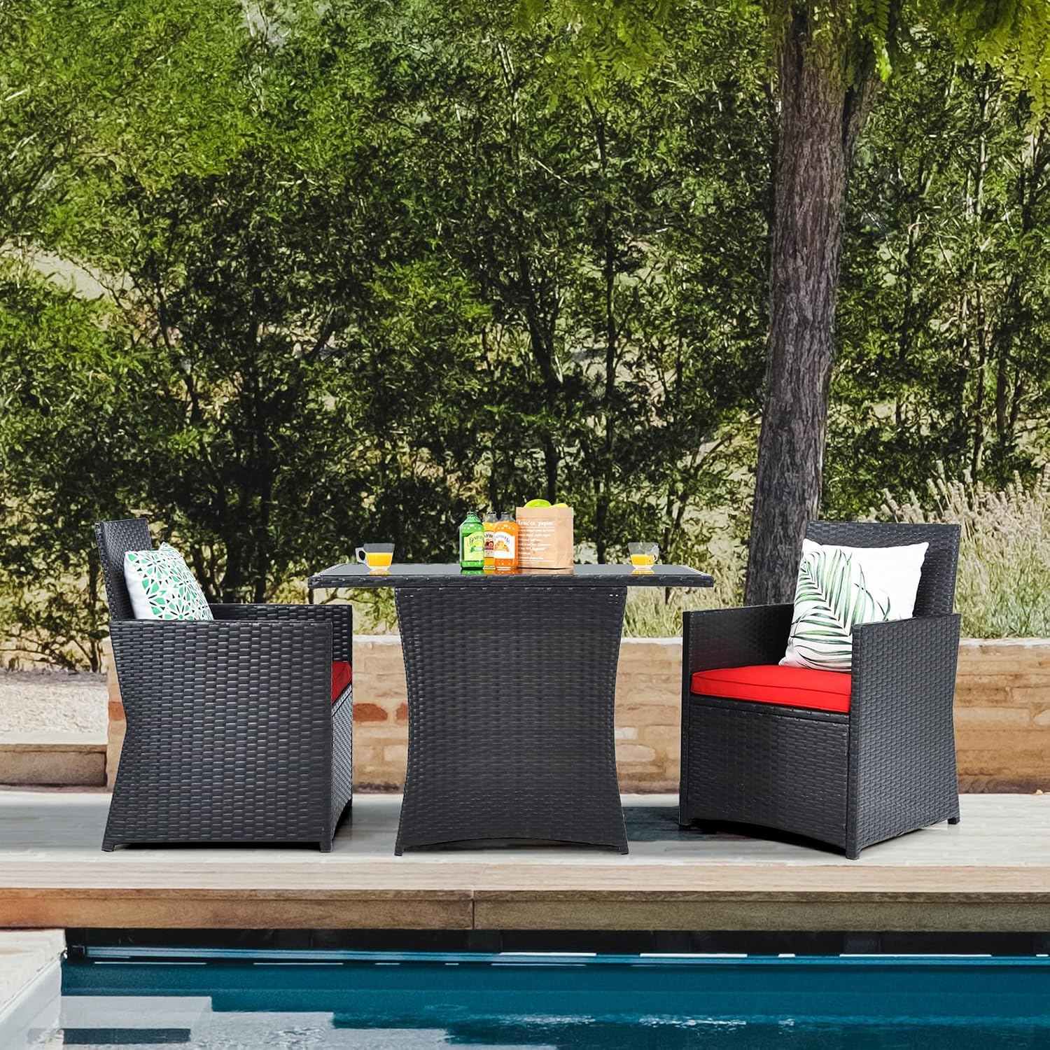DORTALA Wicker Patio Bistro Set 3 Piece, Outdoor Table and Chairs with Tempered Glass Tabletop, Cushions, Small Rattan Furniture Conversation Sofa Set for Balcony, Porch, Backyard, Deck, Red