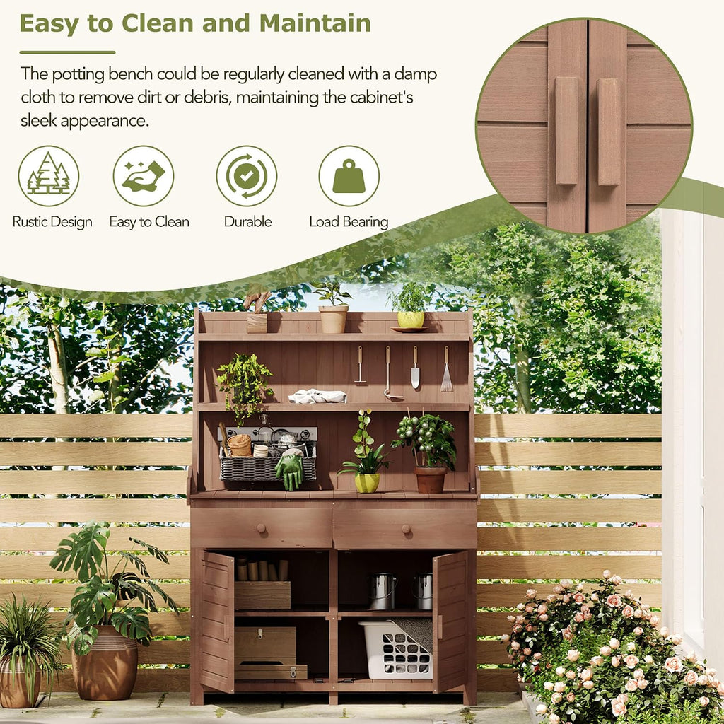 65inch Outdoor Potting Bench Table, Fir Wood Large Gardening Workstation with Storage Shelf, Drawer and Cabinet for Storage for Backyard, Mudroom (Brown/Fir Wood2)