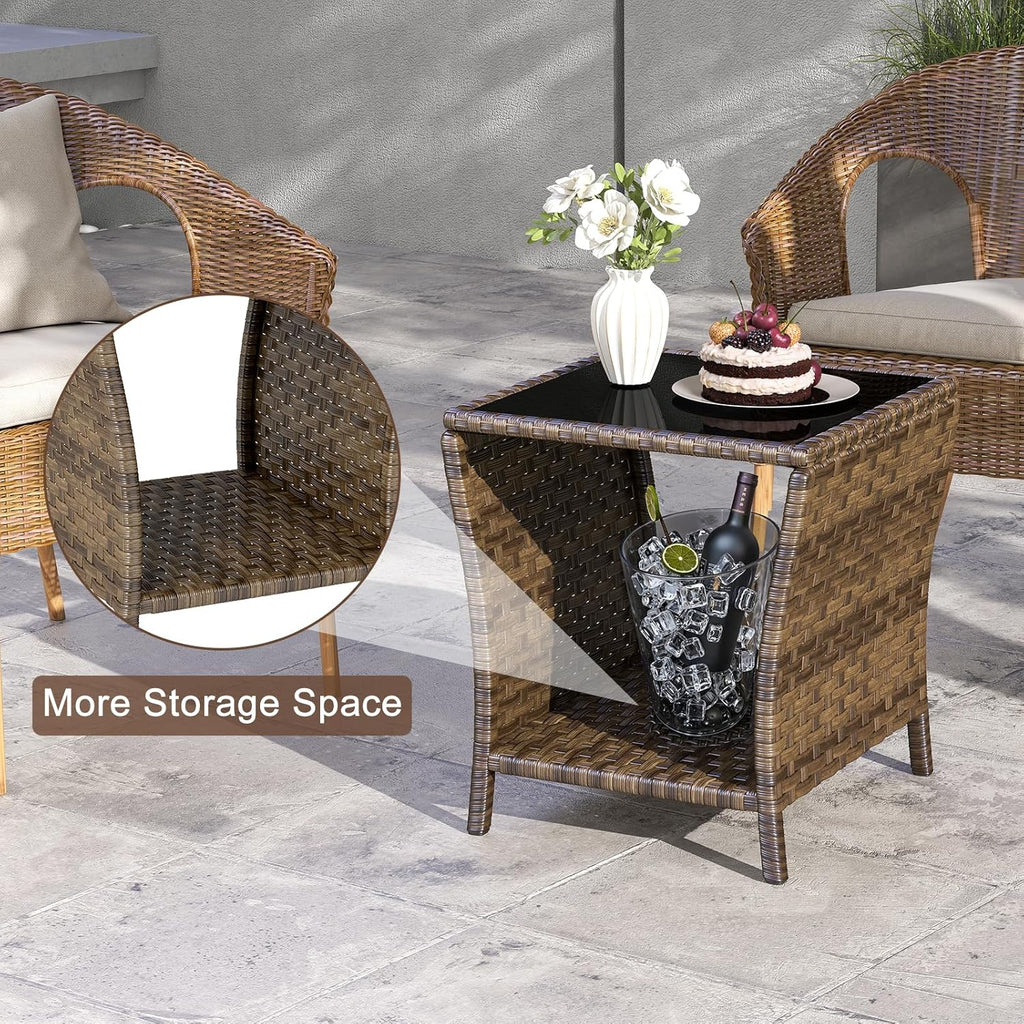 Outdoor Wicker Side Table, Set of 2 Rattan Side Tables End Table for Patio with Glass Top Rattan Storage for Patio Garden Balcony
