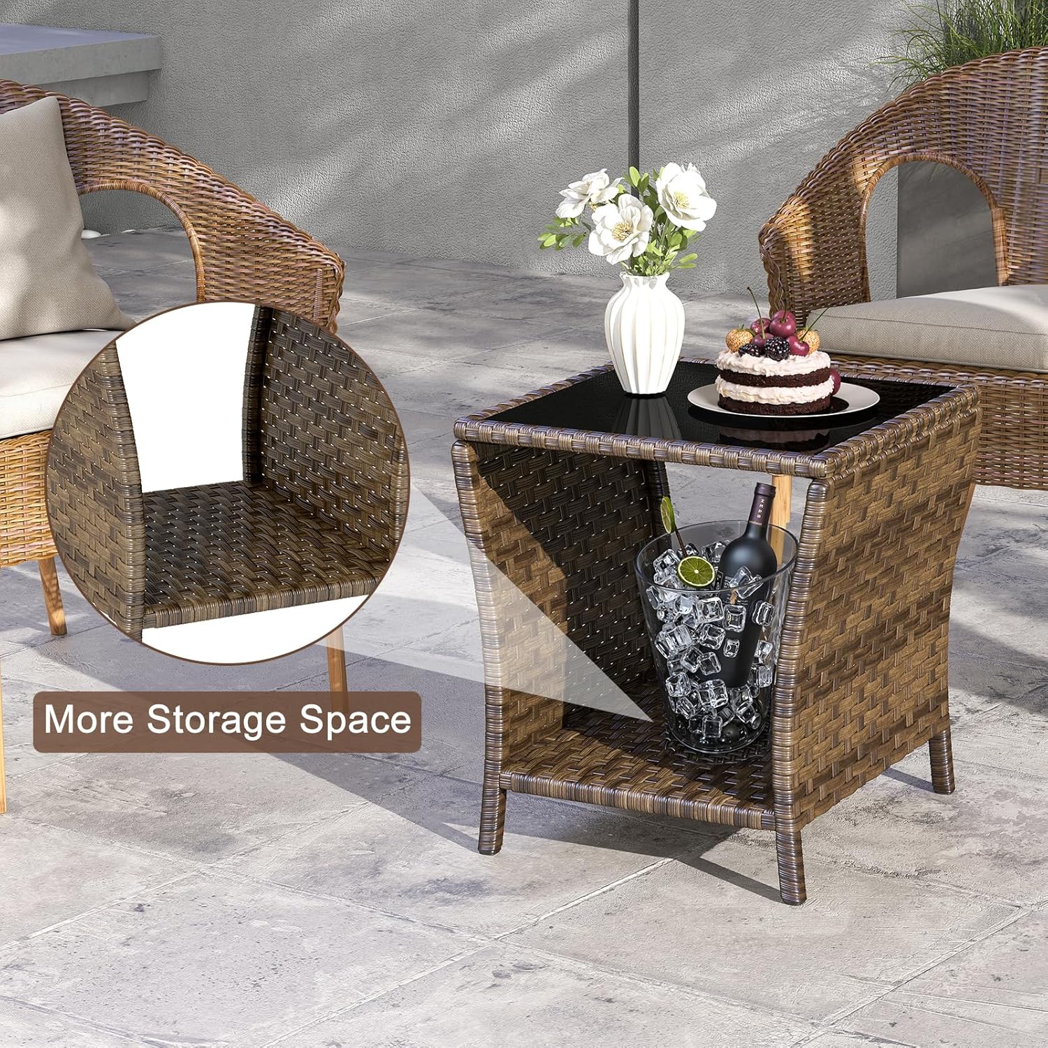 Outdoor Wicker Side Table, Set of 2 Rattan Side Tables End Table for Patio with Glass Top Rattan Storage for Patio Garden Balcony