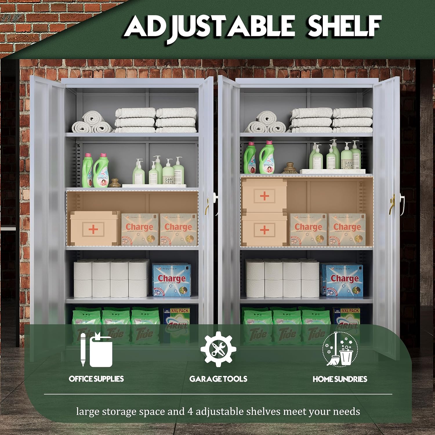 Greenvelly Metal Storage Cabinet, 72' Lockable Metal Garage Storage Cabinet with Doors and 4 Adjustable Shelves, Locking Steel Cabinet for Home Office, Garage, Shop, School (Dark Grey 36' W x 18' D)
