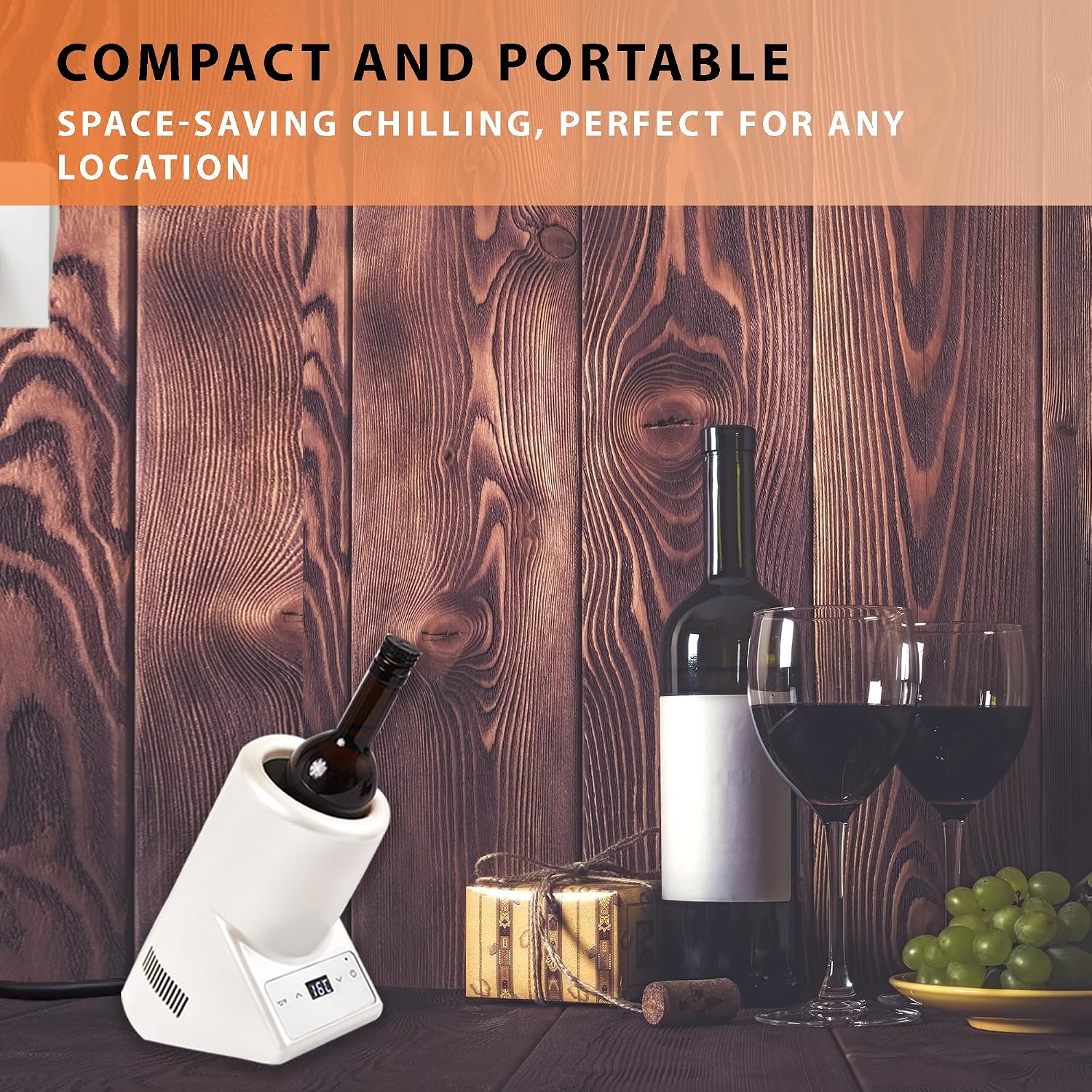 Equator 110V/12V Portable Electric Wine Chiller for Red, White and Water Bottles, 750mL Single Bottle Cooler, Stainless Body, Rechargeable, 24h Cold, Ideal for Parties & Gifts (White)
