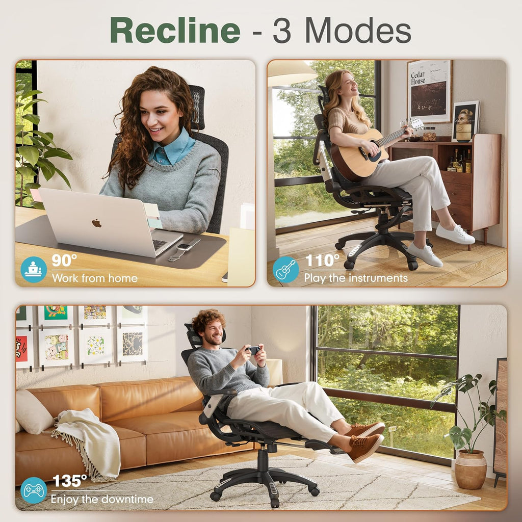 GABRYLLY Office Chair with Footrest, Ergonomic Desk Chair - 135° Recline Wide, 45° Flip-Up Arms,3D Headrest & Mesh Seat, High Back Home Gaming Chair for Adult Man Woman, 300LBS